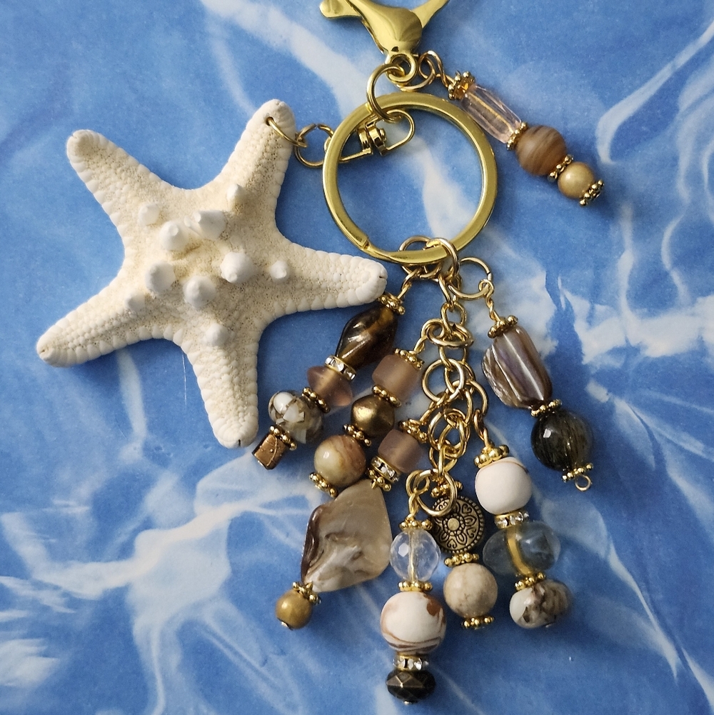Starfish Purse Charm or Keychain Agate Stone Glass Shell Handcrafted